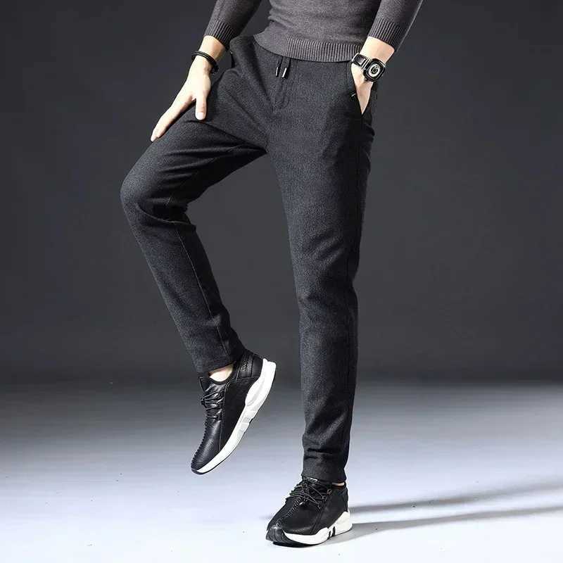 Autumn and winter brushed fabric casual pants mens thick work pants brushed elastic waist ultra-thin black mens plus size 38W240725