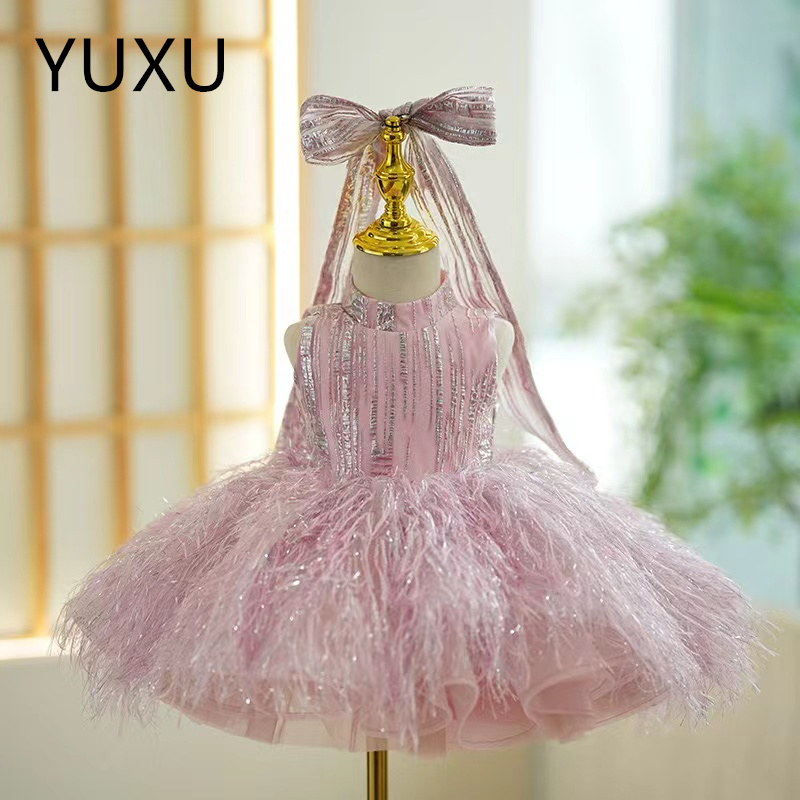 feather Flower Girl Dresses Bridesmaid Party Pageant Dresses Lace Flower Girls Gowns First holy Communion Dress pageant Champagne ball gown dresses ki