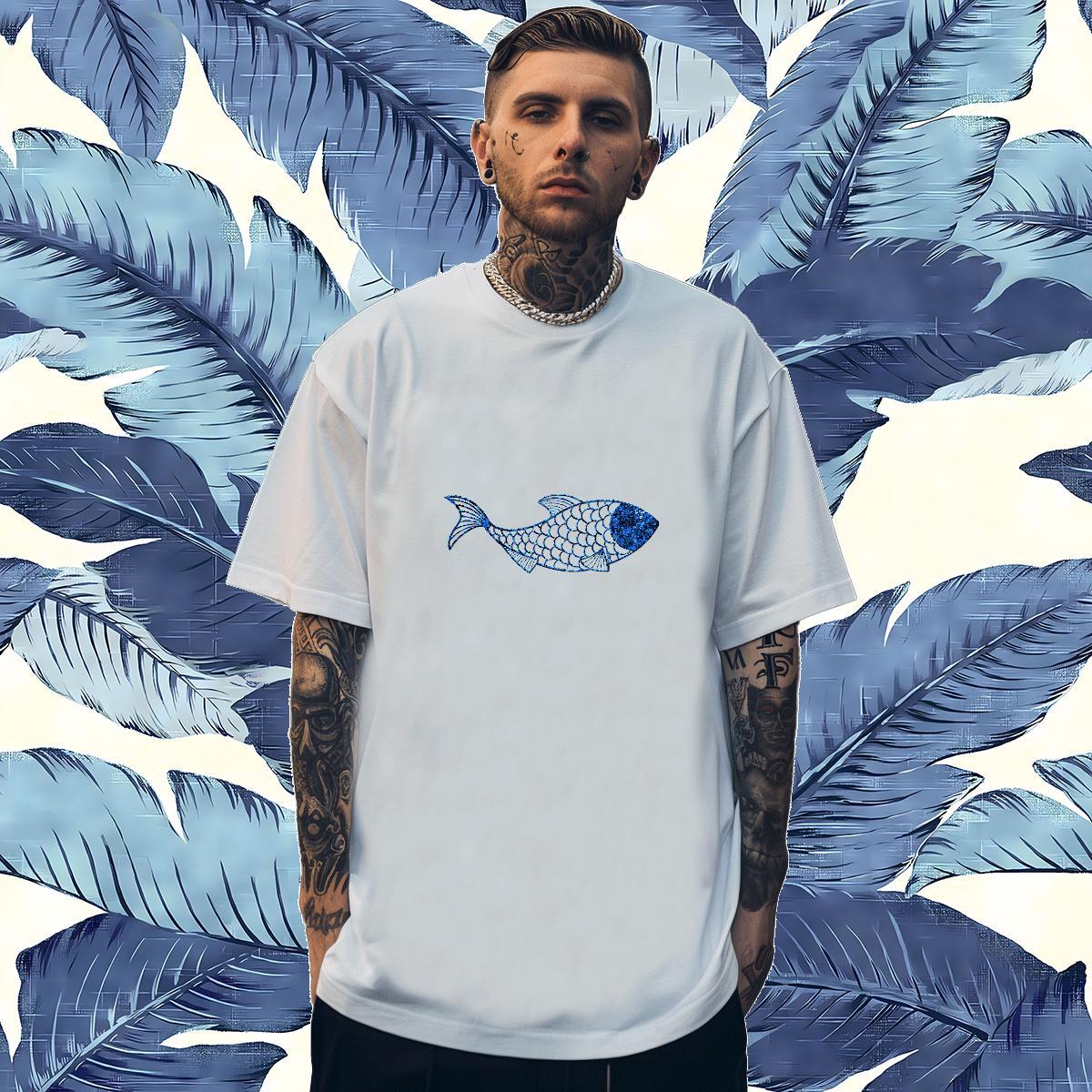 Wholesale T-Shirts fish Pure Cotton Summer Casual Plus Size Cartoon 230g 100% Cotton Men Clothes T-Shirt Fashion Tshirts