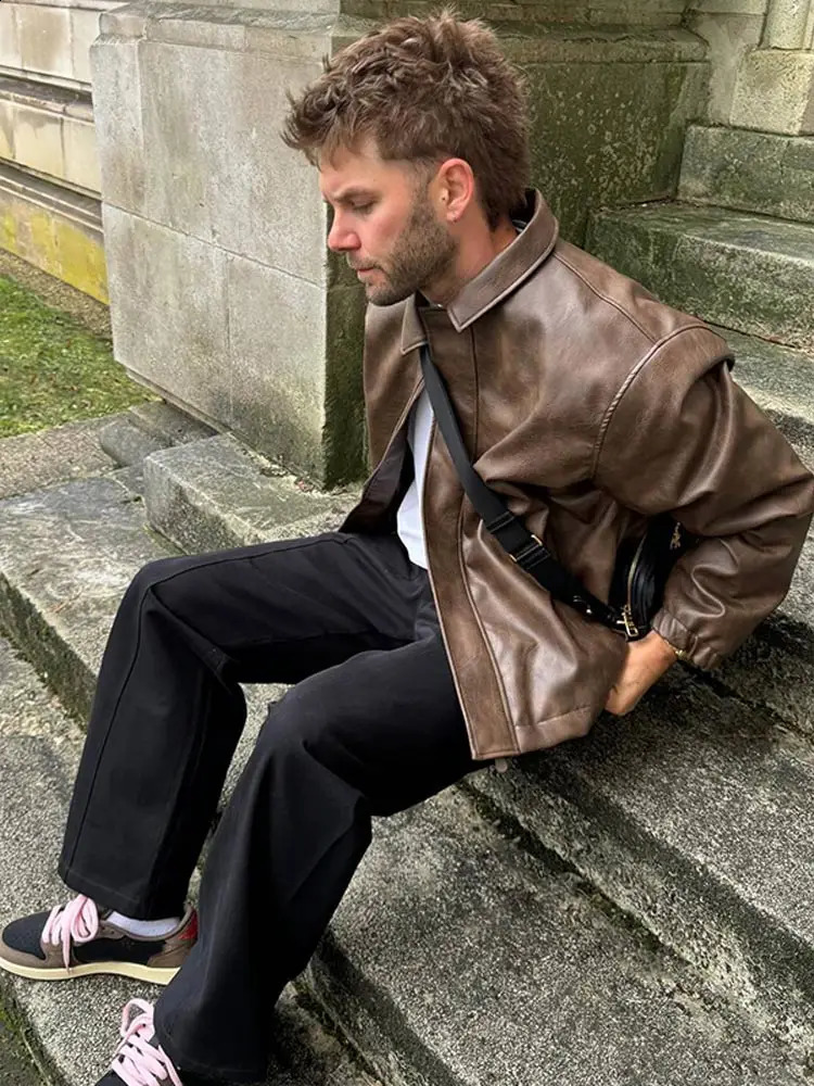 Vintage Walnut Vegan Leather Jacket 2024 Sutumn Lapel Long Sleeve Loose Overcoat Male Casual Pocket Faux Leather Coat Mens Top 240814