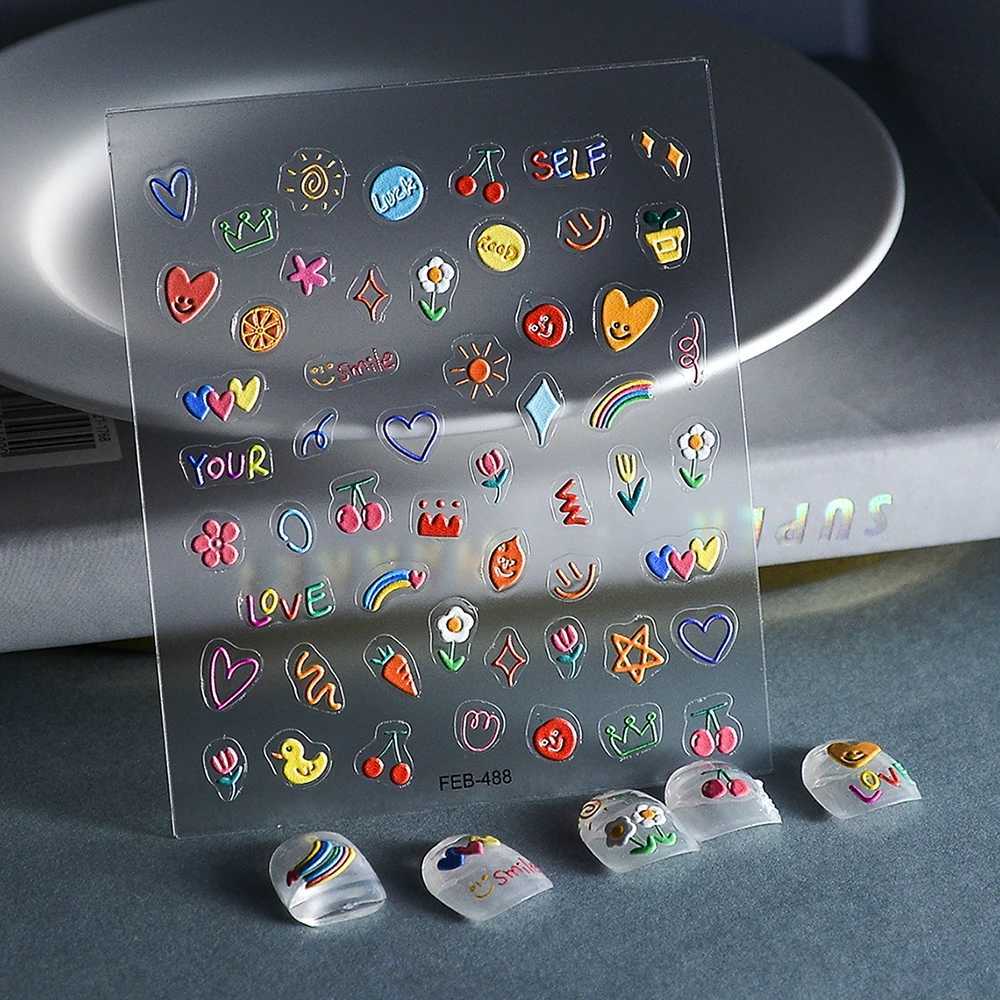 2023 Jelly Design Tulip Flowers Love Heart Color Lines 5d Embossed Reliefs Nail Art Stickers Lovely Manicure Nail DecalsXJ240814