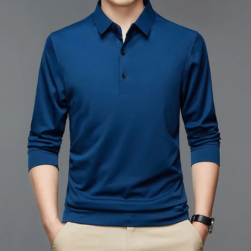 Fashion Men Business Solid Polo Shirts Spring Autumn Cotton Long Sleeve Button Lapel Male Clothing Loose Casual T-Shirt Tops 240809