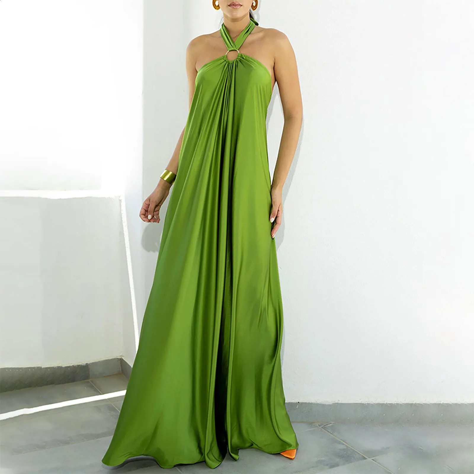 Halter Neck Satin Dresses Women Outfits Summer Sexy Sleeveless Side Slit Flowy Plead Long Dress Female Formal Occasion Dress 240815