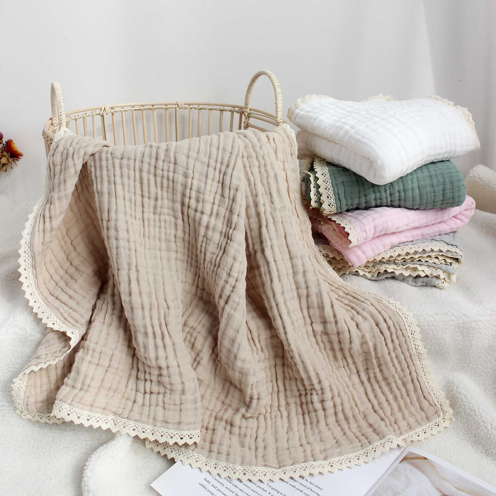Baby Swaddle Blanket Cotton Bath Towel Six Layers Gauze Lace Swaddle Wrap for Newborn Blanket Baby Items Y240815