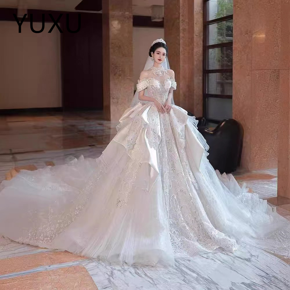 2024 Arabic Plus Size ball gown Wedding Dress Sheer Neck big sweep Train Bridal Gowns Dresses sequins Beading Sweep Train Long Sleeve Custom Made prin