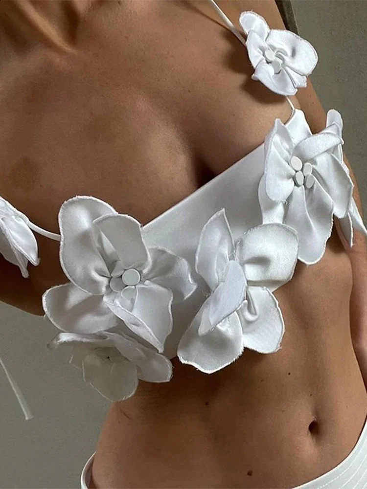 White Flower Crop Top Skirt Beach Set Women Sleeveless Tops Long Skirts Female Suit Summer Fashion Holiday Two Piece Set 240815