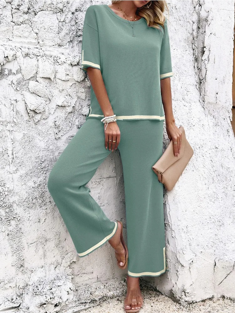 Fitaylor Summer Womens twopiece Oneck Top and Wide Leg Mens Casual Pants Set 240814