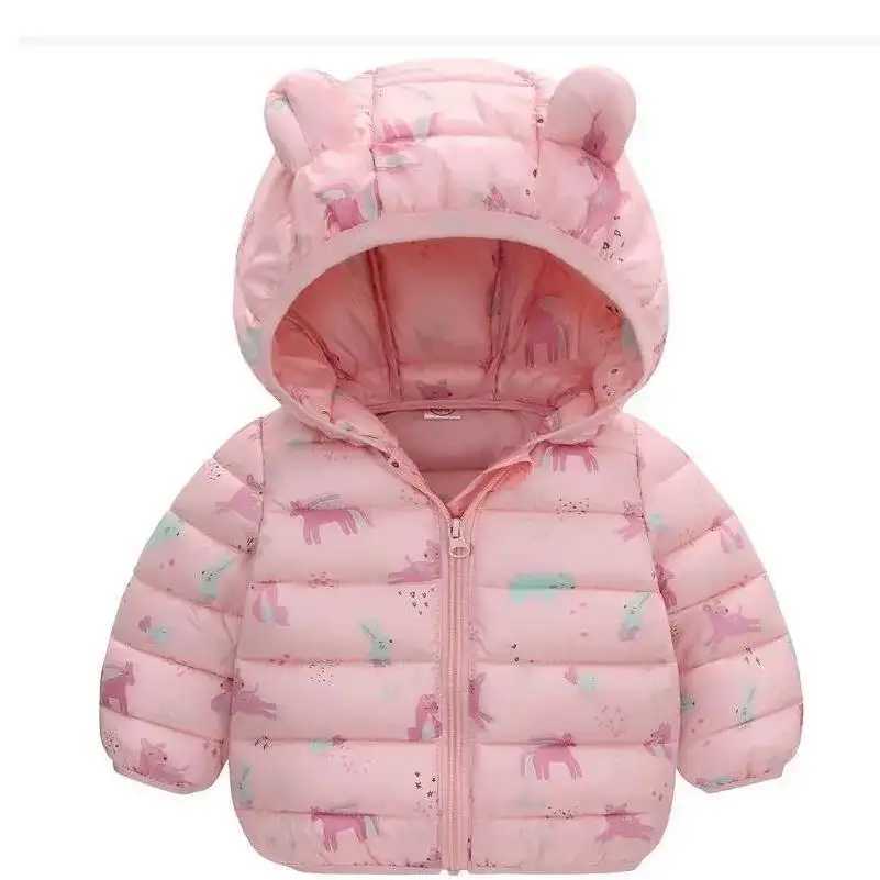 Autumn and winter childrens girls and boys hooded cartoon jacket cute down jacket with ears for babies warm zipper jacket childrens clothing 0-5Y W240