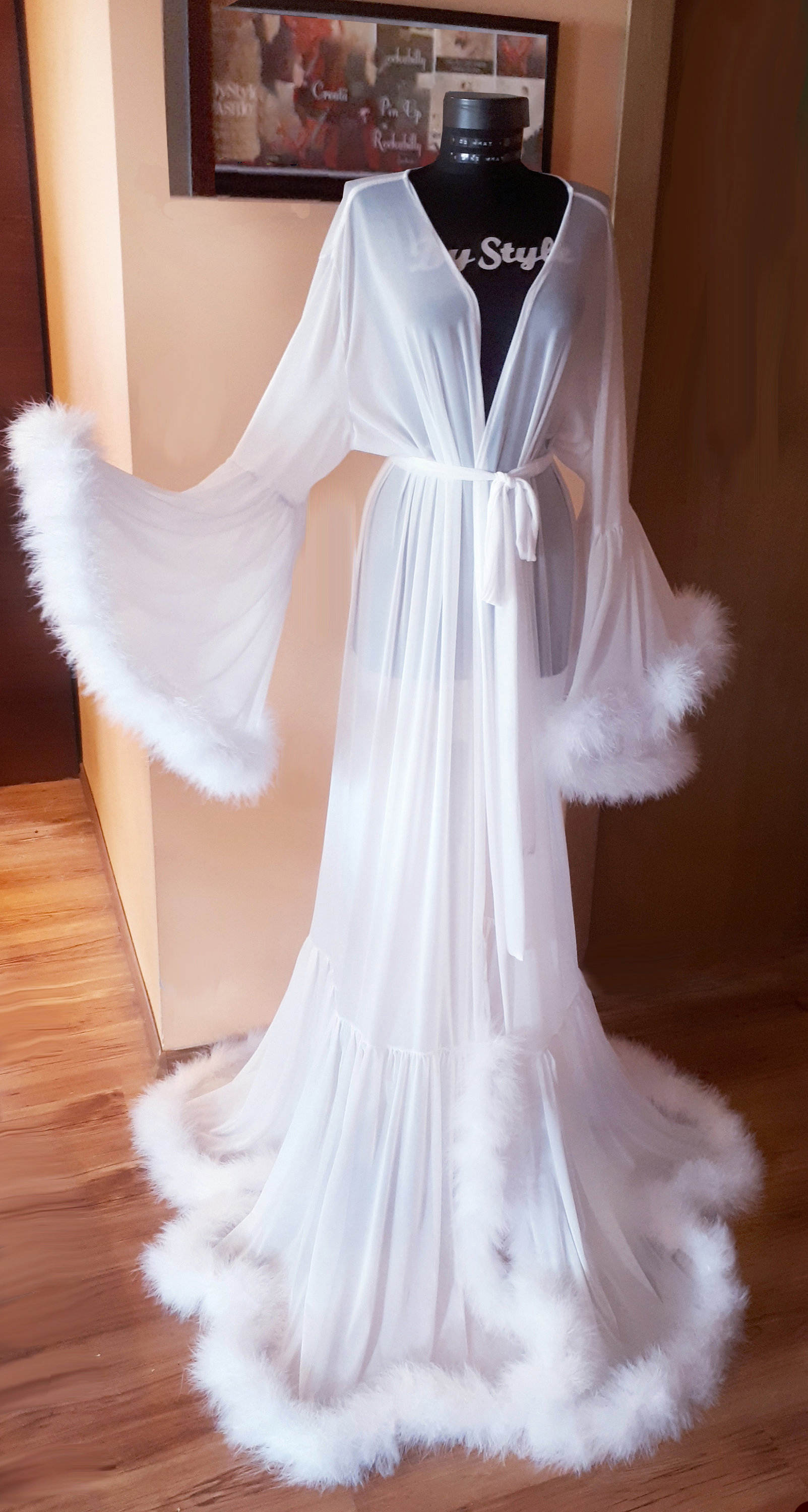 Illusion Women Bathrobe V Neck Long Sleeve Sash Pregnant Party Sleepwear Fur Ruffles Draped Robe Maternity Photo Evening Dresses