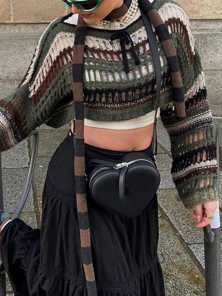 SUCHCUTE Y2k Stripe Hollow Out Fishnet Sweaters Smock Crop Tops Women Fairycore Oversize Sweater Grunge Goth Cloth 240815CJ