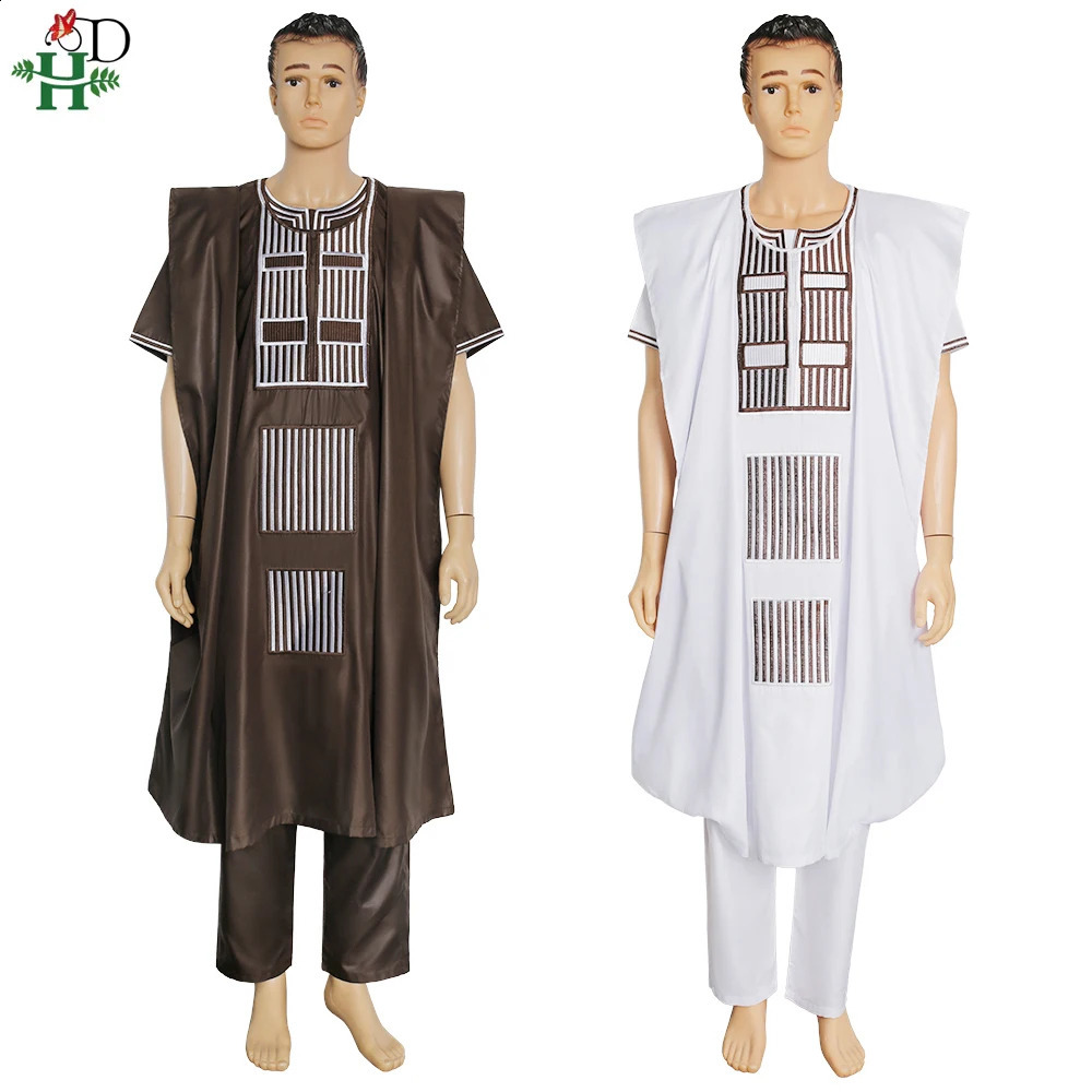 H D African Boubou Men Agbada 3 pieces Set Dashiki Mens Shirt Pants Suit Embroidered Clothes Wedding Tops Pants Suit PH3058 240814