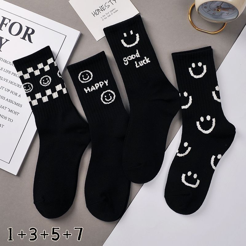 Black stockings for children in spring and summer mid tube internet famous, popular Instagram trendy street college style white smiling face socks