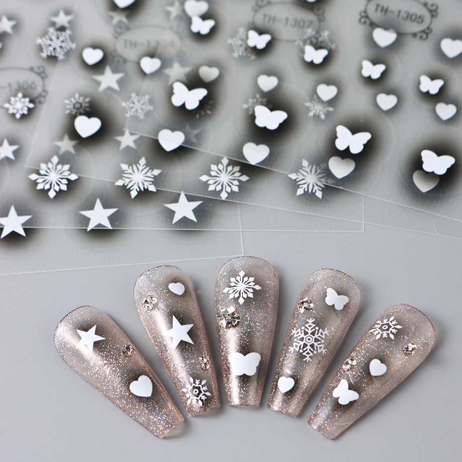 4 in 1 Black Stars Heart Nail Stickers Blooming Gradient Hollow Starlight Hexagram Snowflake Butterfly Y2K Style Manicure DecalXJ240814