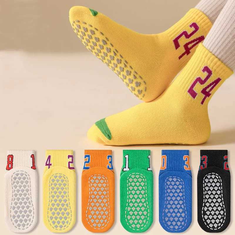 6 pairs of anti slip childrens floor socks trampoline socks all season solid color digital trend student indoor socks W240814