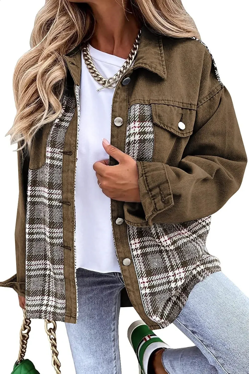 Women Turn-down Collar Button Coat Spring Autumn Irregular Tops Outwear Mujer Vintage Fashion Plaid Print Patchwork Denim Jacket 240814