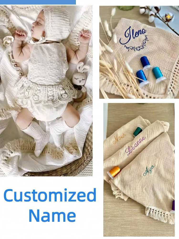 Embroidered Custom Name Cotton Muslin Swaddle Blankets for Newborn Baby Tassel Receiving Blanket Personalized Baby Name Blanket Y240815