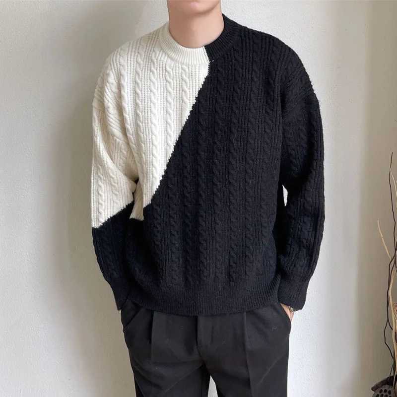 Winter Fashion Trend Color Contrast Round Neck Fried Dough Twists Loose Versatile Handsome Thickened Mens Long Sleeved SweaterXJ240814