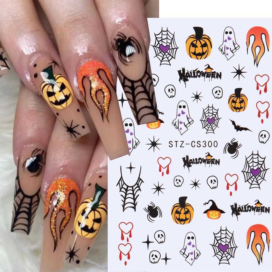 3D Halloween Nail Stickers Spider Web Ghost Skull Moon Star Line Sliders For Nails Gothic Design Summer Autumn Decor Flame DecalXJ240814