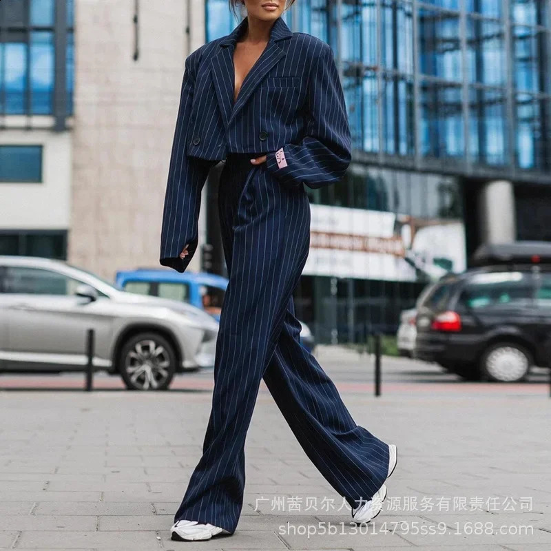 Womens twopiece long sleeved lapel with open collar loose and pocket striped office ladies 240809