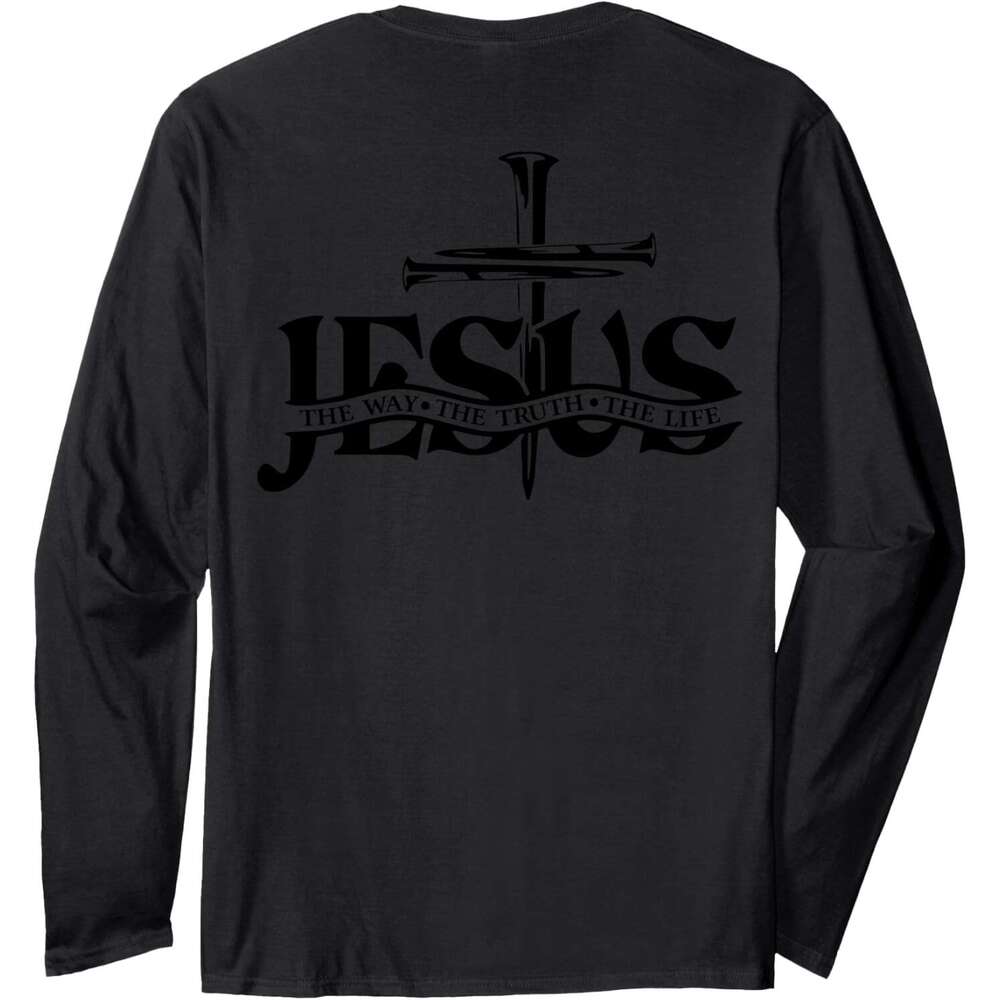 Long Sleeve Shirts for Men Jesus The Way Truth Life Bible Verse Christian (On Back) Long Sleeve Tee Streetwear Casual tops clothes
