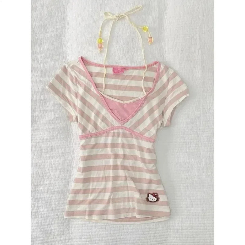 Japanese Cute Pink Striped Tshirt Short Sleeve Y2k Harajuku Retro French Subculture Summer Womens Top 240814