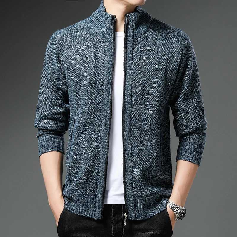 Mens Knit Sweater Stand Collar Cardigan Coat Autumn Winter Fleece Warm Clothes Korean Casual Cardigans Knit JacketXJ240907