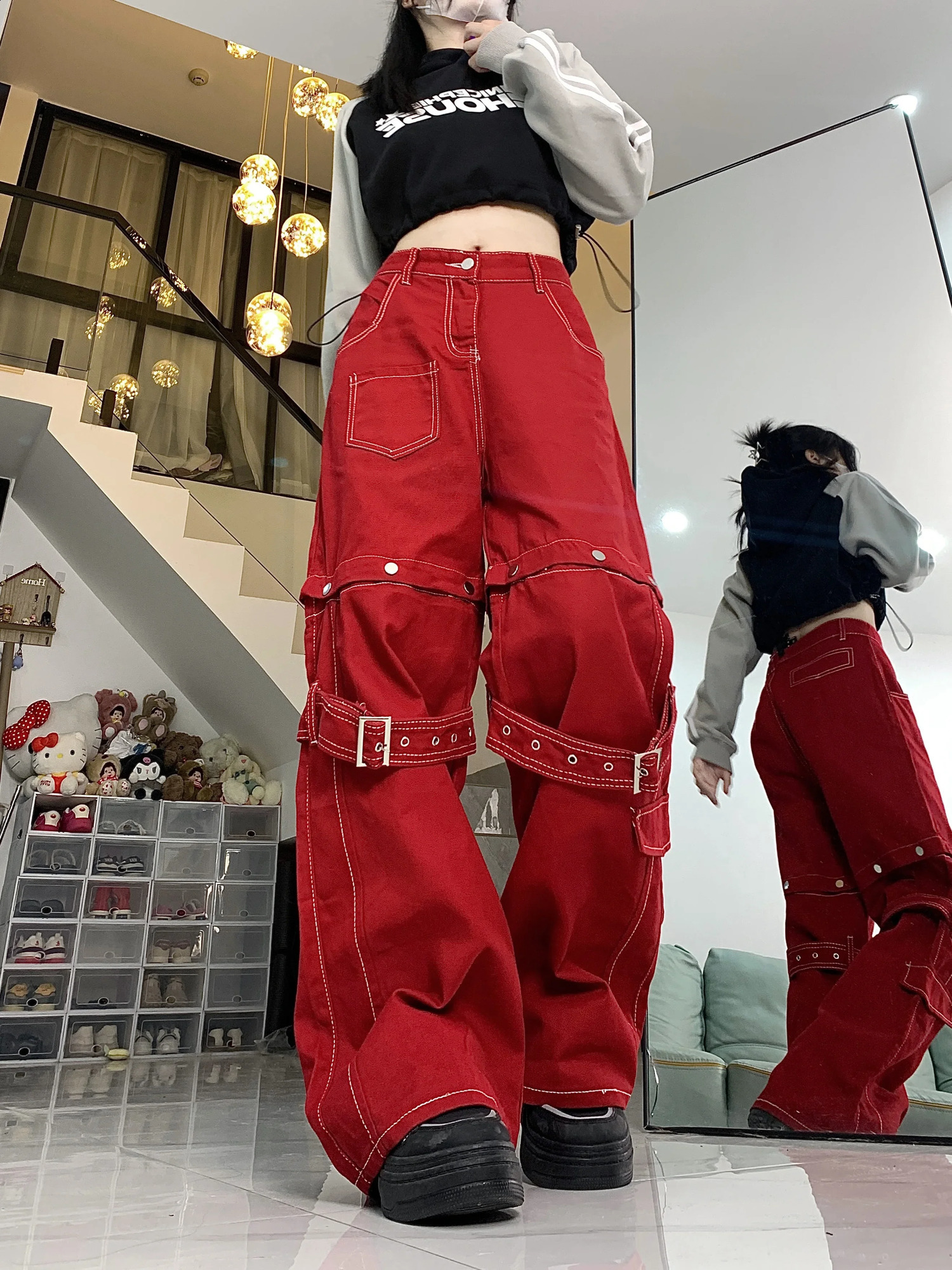 Chic Hip-hop Women Red Cargo Pants 2-In-1 Detachable Baggy Jeans Y2k Wide Leg Trousers 90s Retro Streetwear 240815