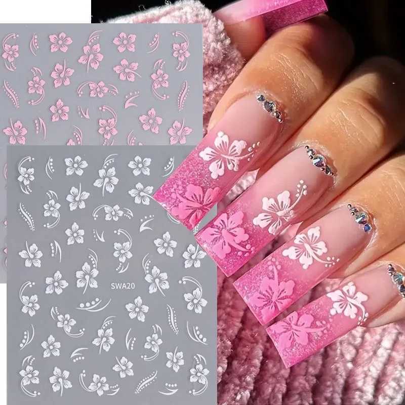 5D Hibiscus Flower Nail Embossed Sticker Acrylic Pink White Gold Petal Leaf Adhesive Decal Butterfly Dragon Floral Elegant DecorXJ240814