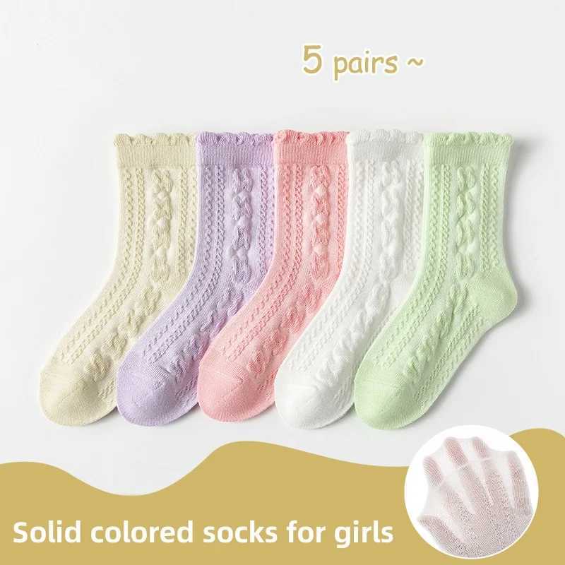 5 pairs of girls socks cotton mid tube socks solid color lace socks summer thin breathable socks childrens socks solid color sy W240814