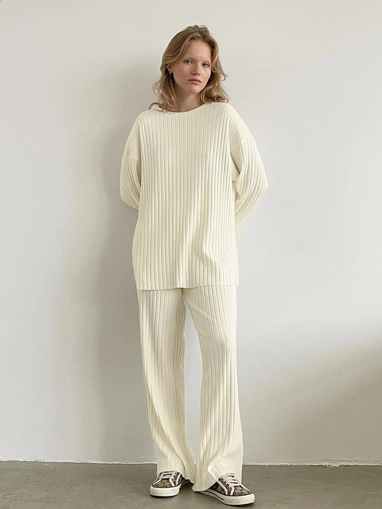 Hiloc Apricot Knitted Pajamas For Women 2 Piece Sets Ribbed Long Sleeve O Neck Sleepwear Female Loose Trouser Suits Winter 2024 240814