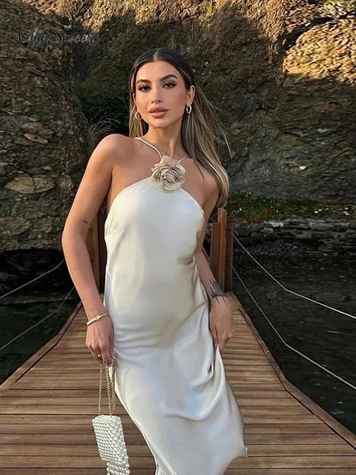 Party Satin Halter 3D Flower Long Dress Women Fashion Lace-up Sleeveless Backless Dresses 2024 Summer Lady Elegant Beach Robes 240814