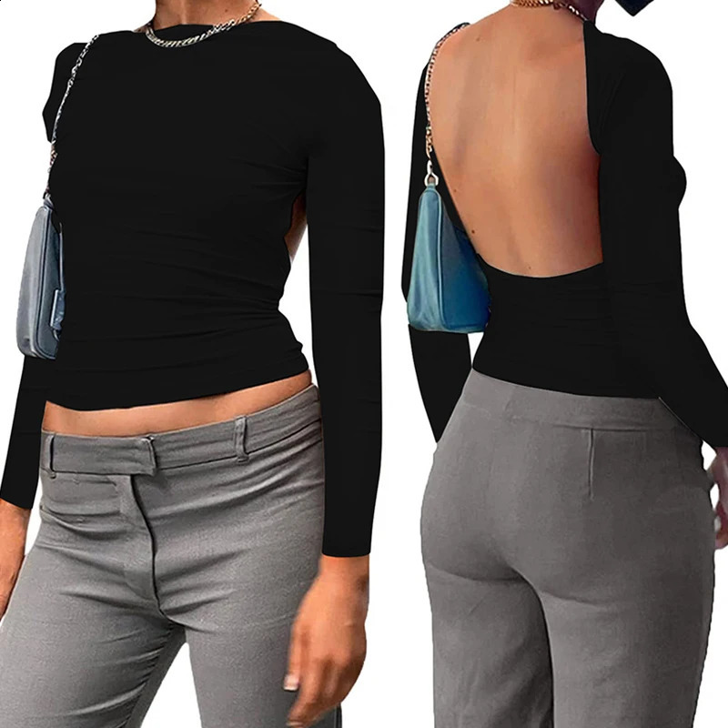 Autumn black womens Tshirt long sleeved Oneck sexy backless crop top casual body fashionable solid basic 240814