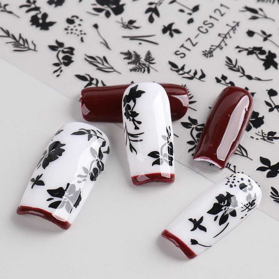 White Black Leaf Nail Stickers Summer Small Flower 3D Nail Art Decorations Self-Adhesive Slider Manicure Tattoo Tool LASTZ-CS121XJ240814