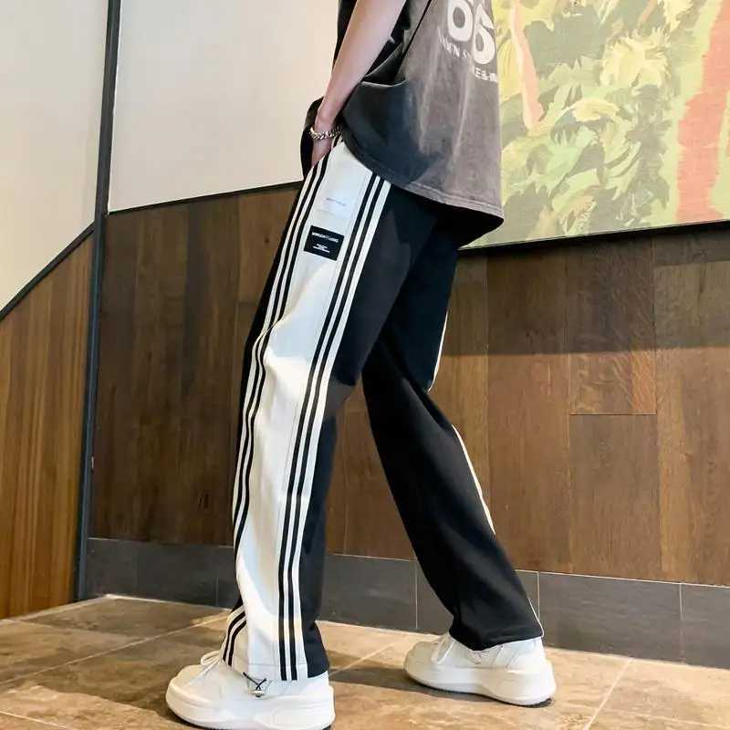 style contraSting color casual summer thin mens high straight cylindrical stripe splicing loose TrouserW240725