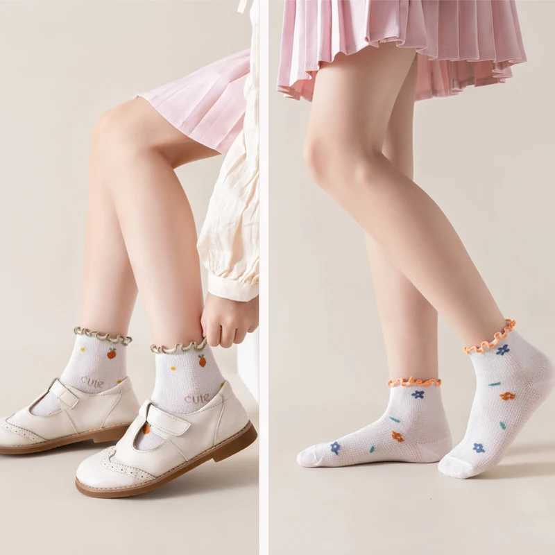 5 pairs of girls socks with curled edges cute and easy to match girls mid calf socks summer thin cotton socks W240814