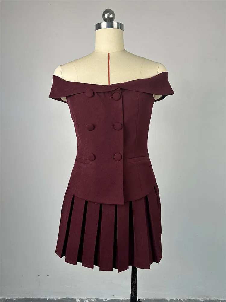 Summer Fashion Two Piece Skirt Women Off Shoulder Double breasted Top A Line Mini Pleated Short Skirt Set 240815