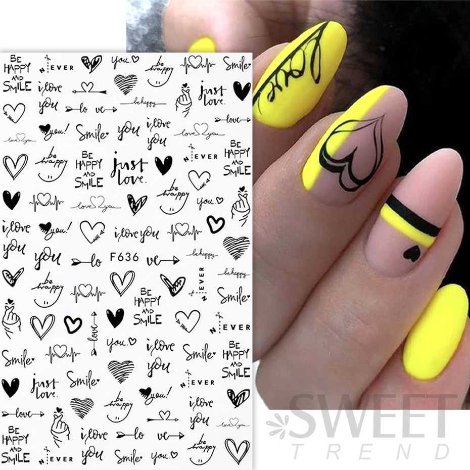3D Love Heart Nail Sticker Valentines Day Nail Art Decoration English Letter Sliders Geometric Decal DIY Manicure Design TipsXJ240814