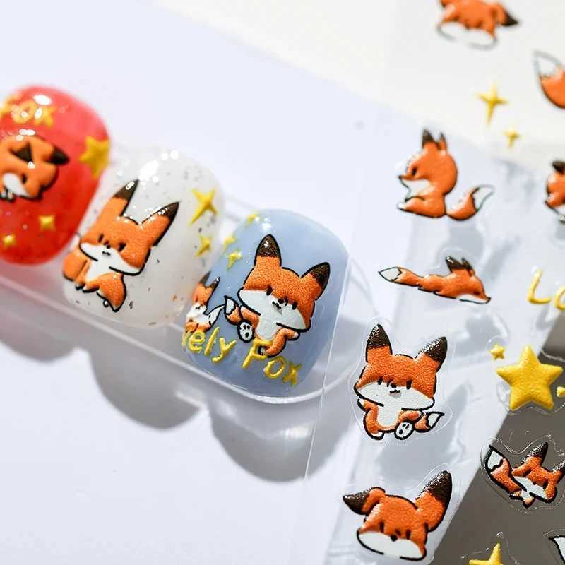 Lovely Red Fox Cartoon 5D Soft Reliefs Self Adhesive Nail Art Stickers Cute 3D Nail Decoration Decals Wholesale DropshippingXJ240814