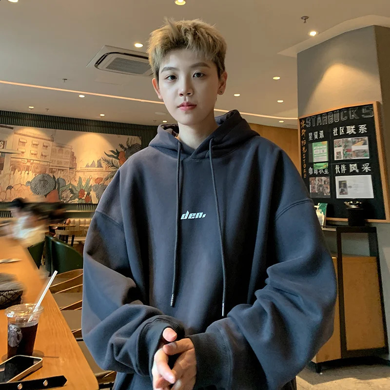 Korean Fashion Dark Grey Fleece Hoodies Men Letter Print Simple Baggy Hoody Sweatshirt Harajuku Streetwear Y2K Hoodie 240815