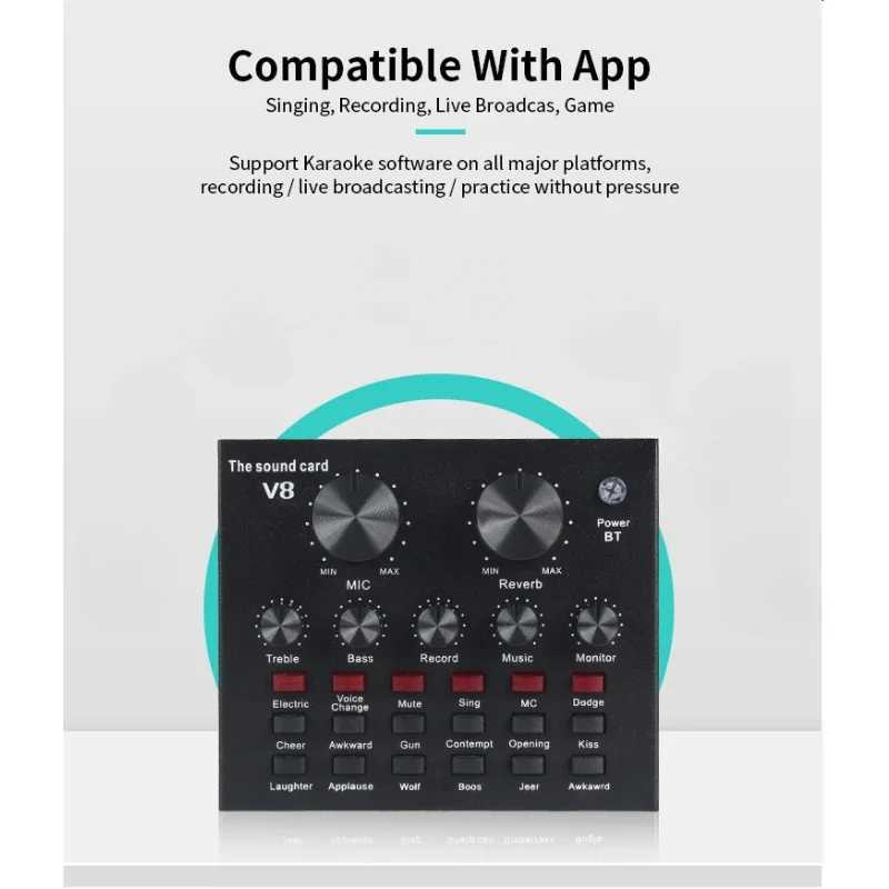V8 Professional Sound Card Streaming Live Broadcast Podcast Recording Studio Device Voice Converter Audio Interface SoundCard B240815
