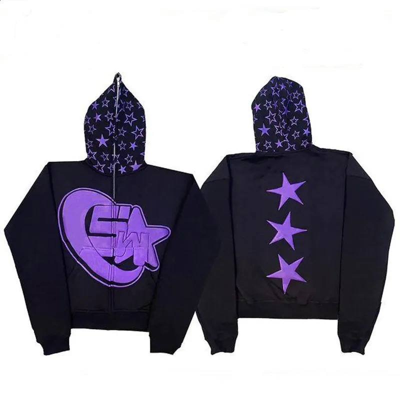 Street Trend Clothing Vintage Star Print Zip Hoodie Women Y2K Loose Casual Top Harajuku Korean Version Oversized Men Sweatshirt 240809