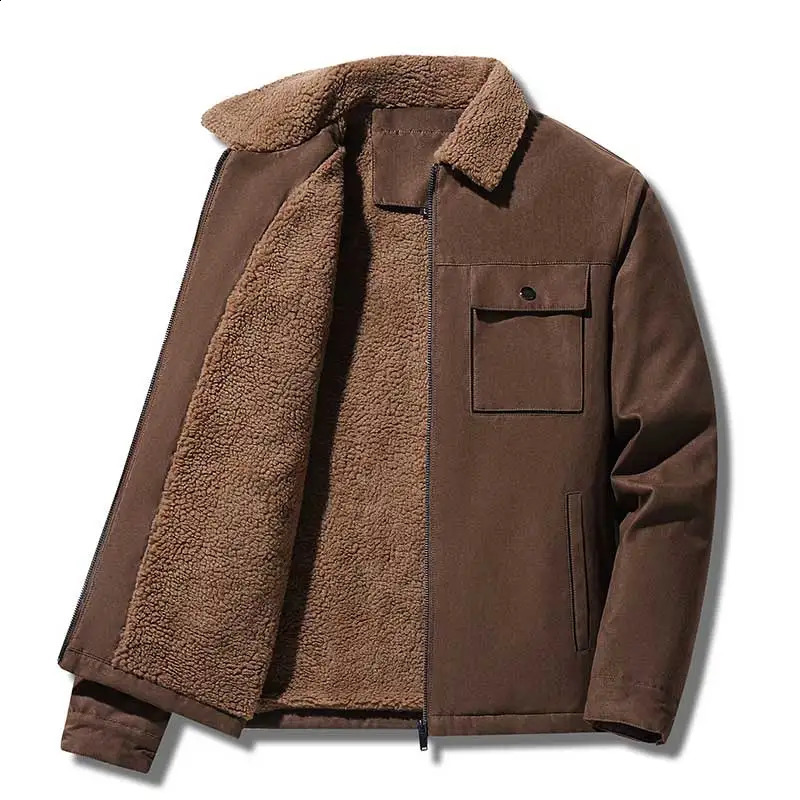 Autumn Winter Men Jackets Suede Warm Fleece Thick Casual Turn Down Collar Windbreaker Zipper Cargo Jacket Coats Male Solid Parka 240814