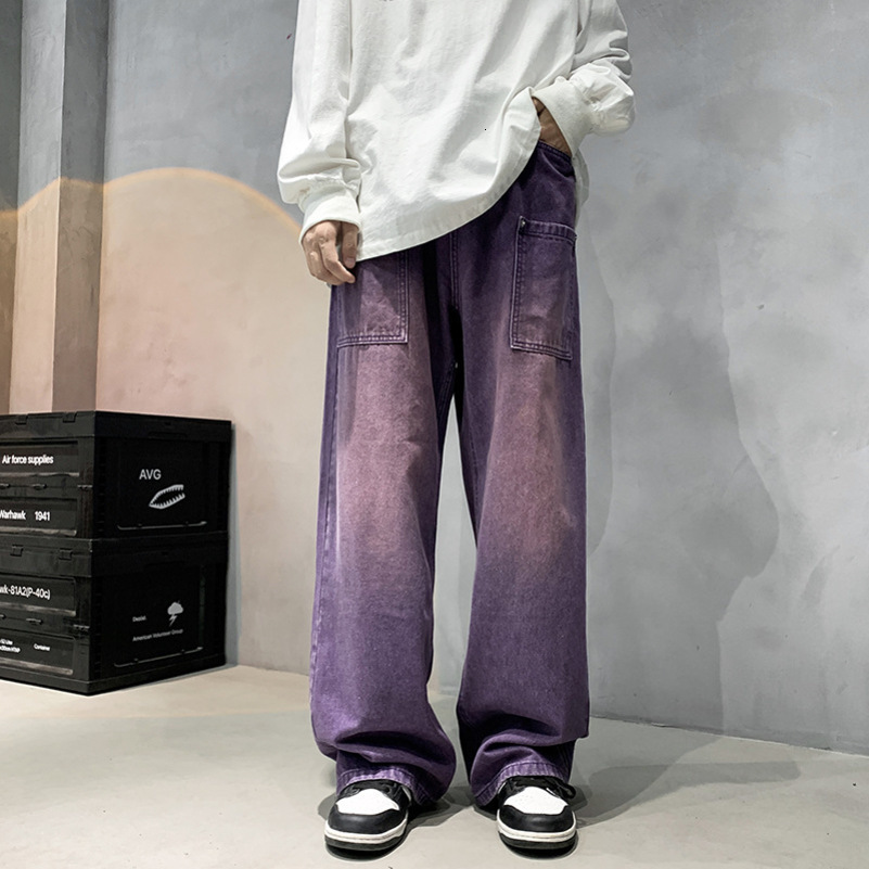 Purple Wide Jeans for Men Ins Fashion Hip Hop Denim Trousers Vintage Casual Pants Streetwear Oversized Bottoms Male Y2K Clothes 240814