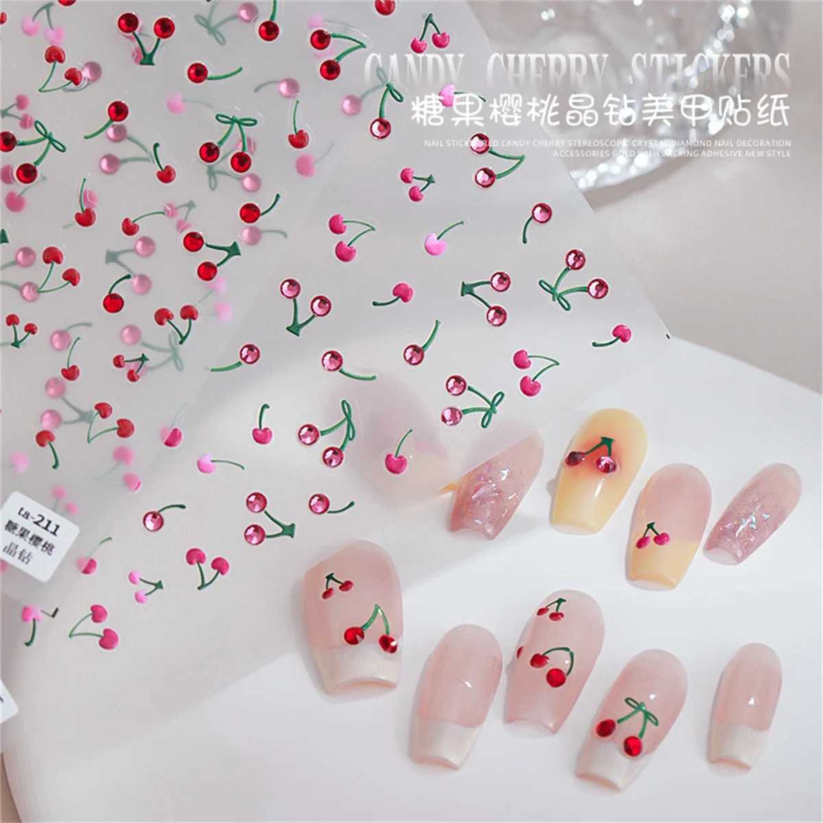 1pcs 5D Luxury Red Pink Yellow Cherry Nail Art Stickers Sweet Kawaii Fruit Nail Decoration Decals Adhesive Transfer Slider DIYXJ240814