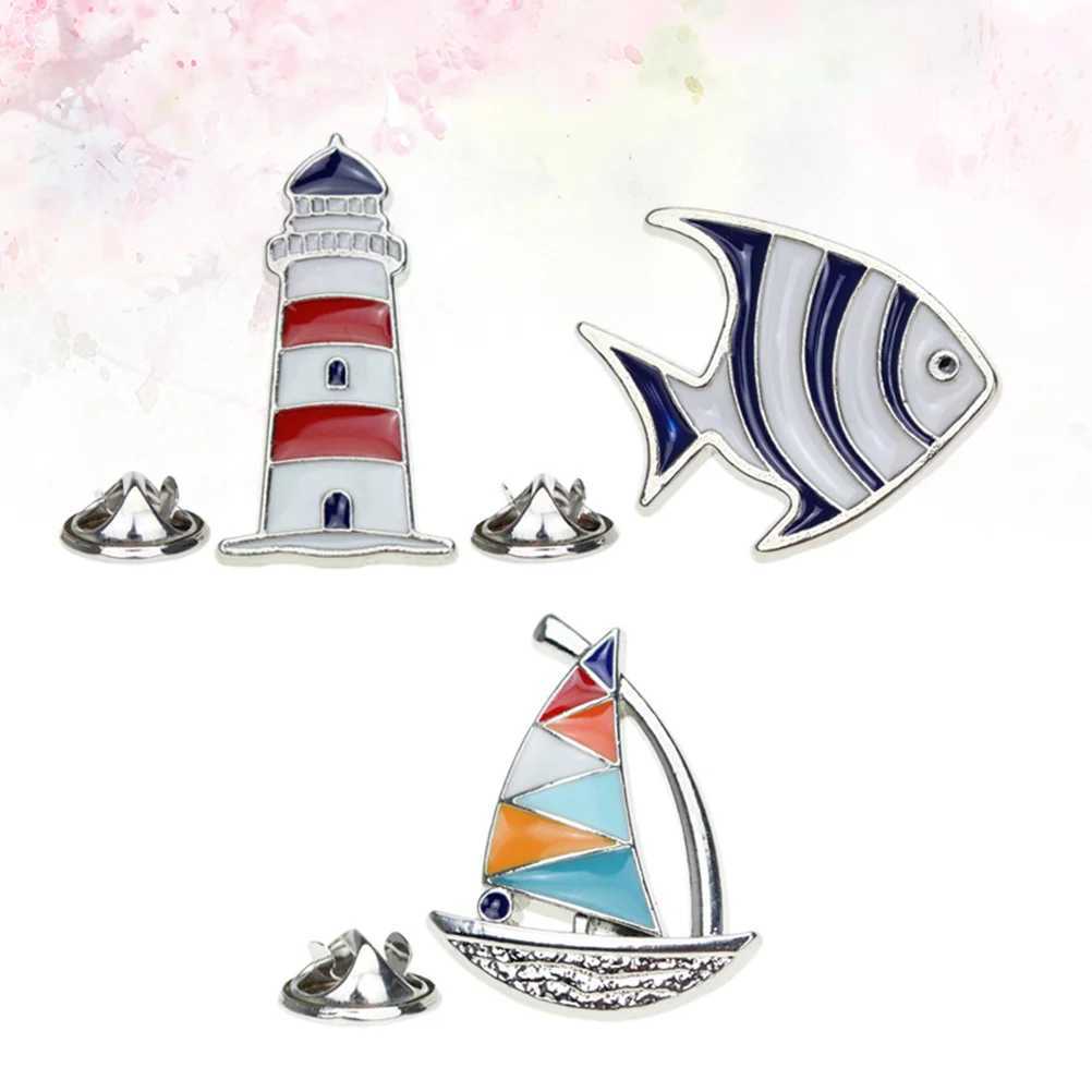 3-piece clip on loop alloy tropical fish lighthouse lapel vintage jewelry sailboat pin brooch clothing decoration W240815