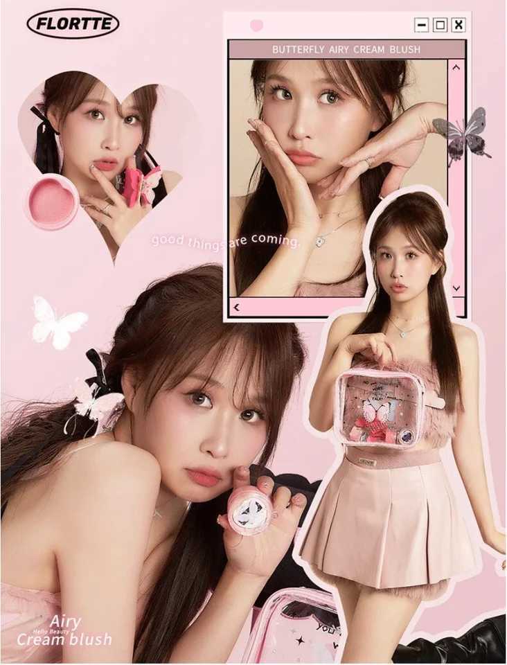 Flortte Airy Cream Blush Butterfly Smoothness Composite Powder Blend Nude Blush Natural Brighten Skin Makeup Palette Y240815