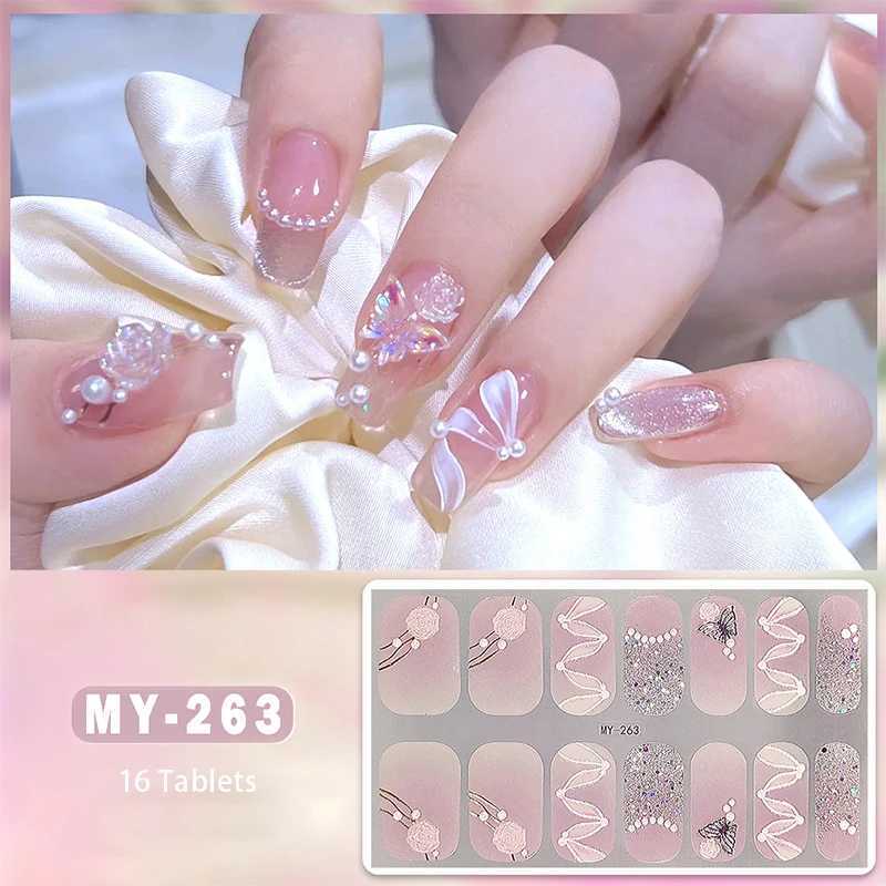 16Tips Baking-free Nail Stickers Long-Lasting Glittering Flowers In Summer Nail Strips Patch Slider Full Cover DecalXJ240814