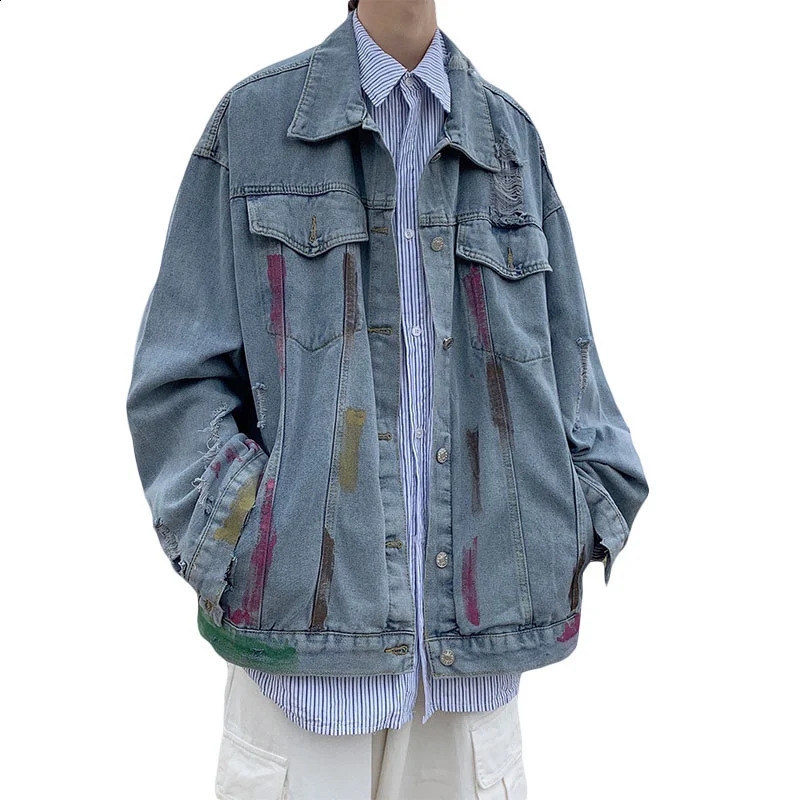 Pierced denim jacket mens Korean version chaopai high street splash couples coat spring and autumn loose fashion versatile top 240814