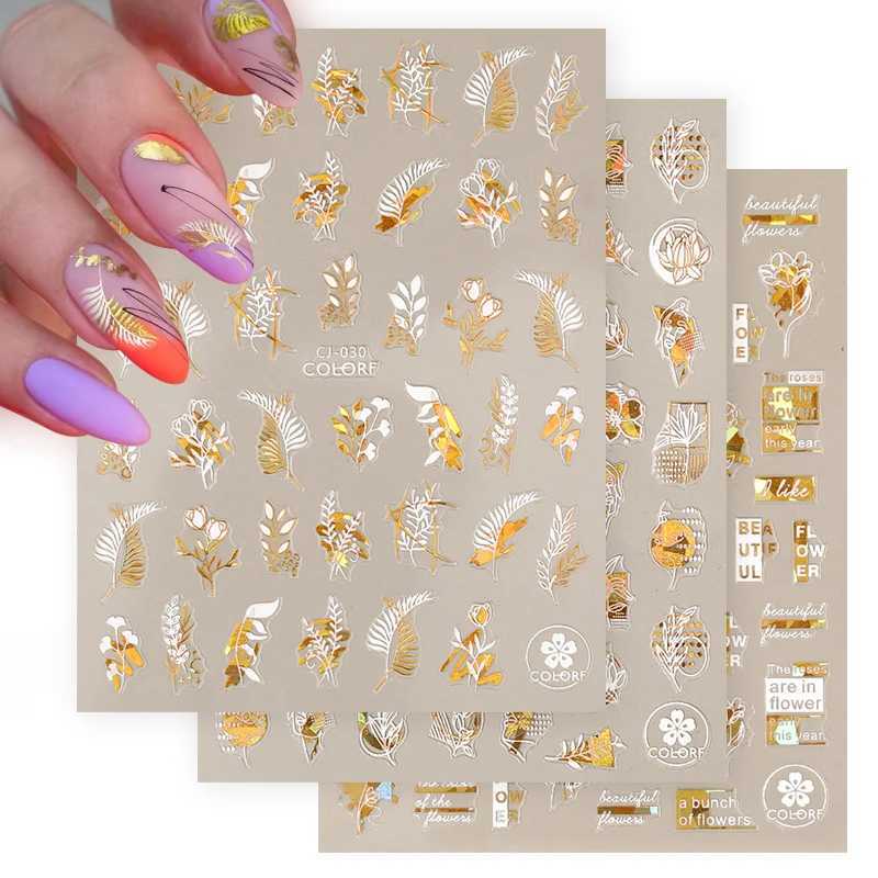 1PC 3D Nail Stickers White Gold Leaf Abstract Line Pattern Self-Adhesive Slider Nail Art Decorations Leaf Love Heart Nail DecalsXJ240814