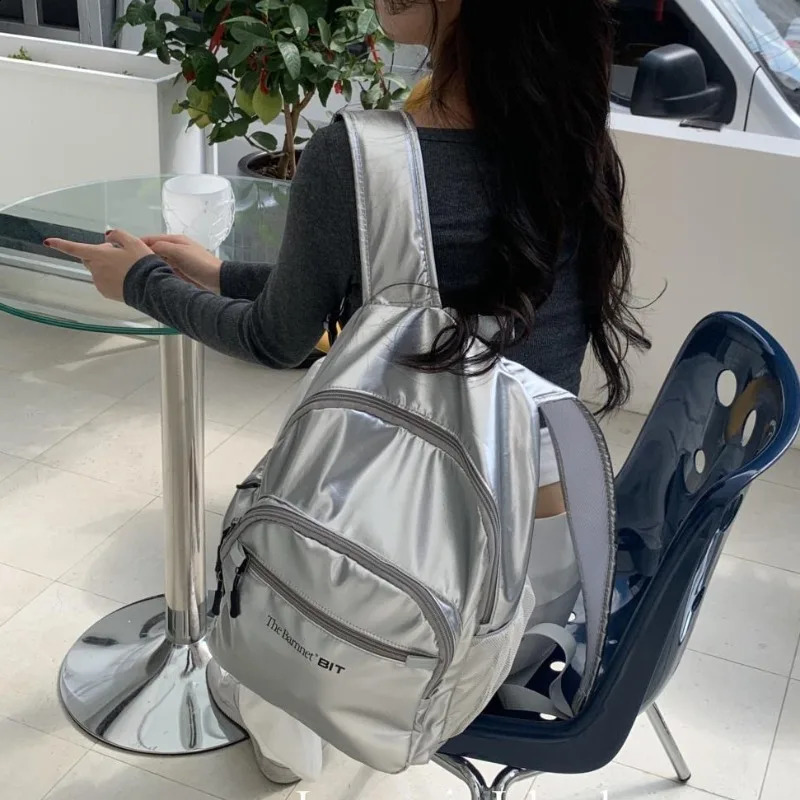 Silver Nylon Large Capacity Commuting Shoulder Backpack Women College Students Travel Schoolbag Waterproof Lightweight Backpacks 240813